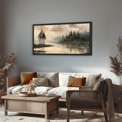 Misty lake pines painting framed canvas wall art in a rustic living room