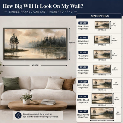 Misty lake pines painting framed canvas wall art size guide above a sofa