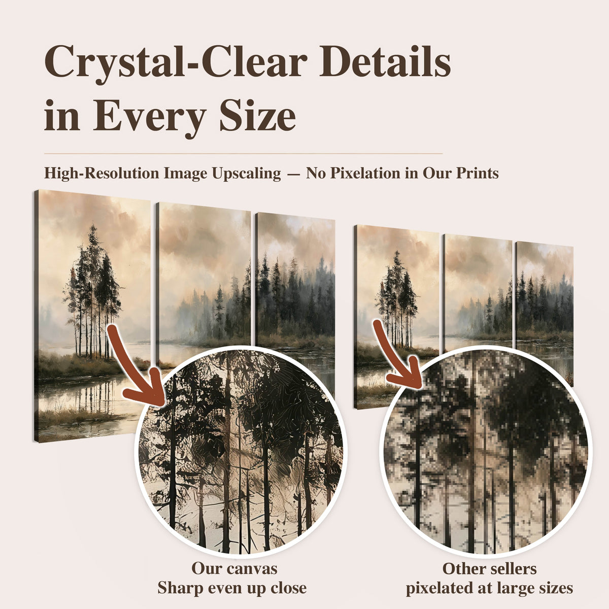 Misty lake pines painting high-resolution print quality comparison