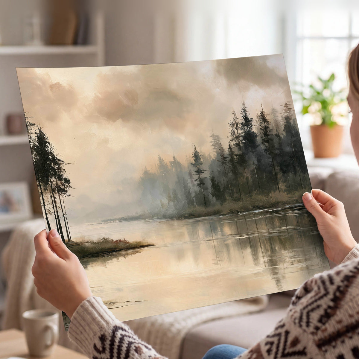 Misty lake pines painting poster print held in hands