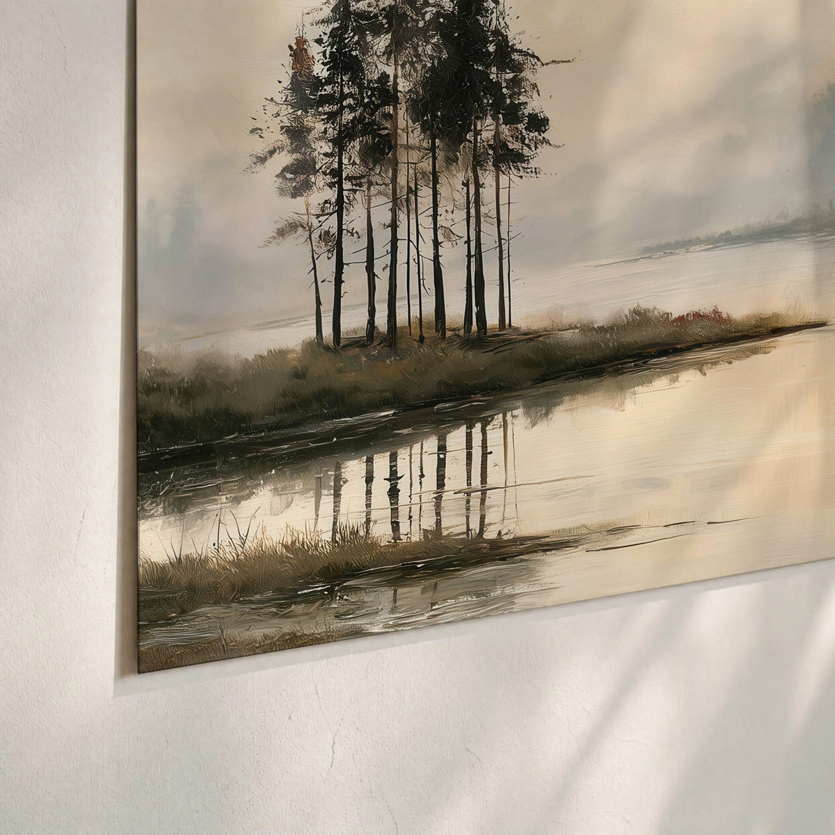 Misty lake pines painting poster print close-up on matte paper