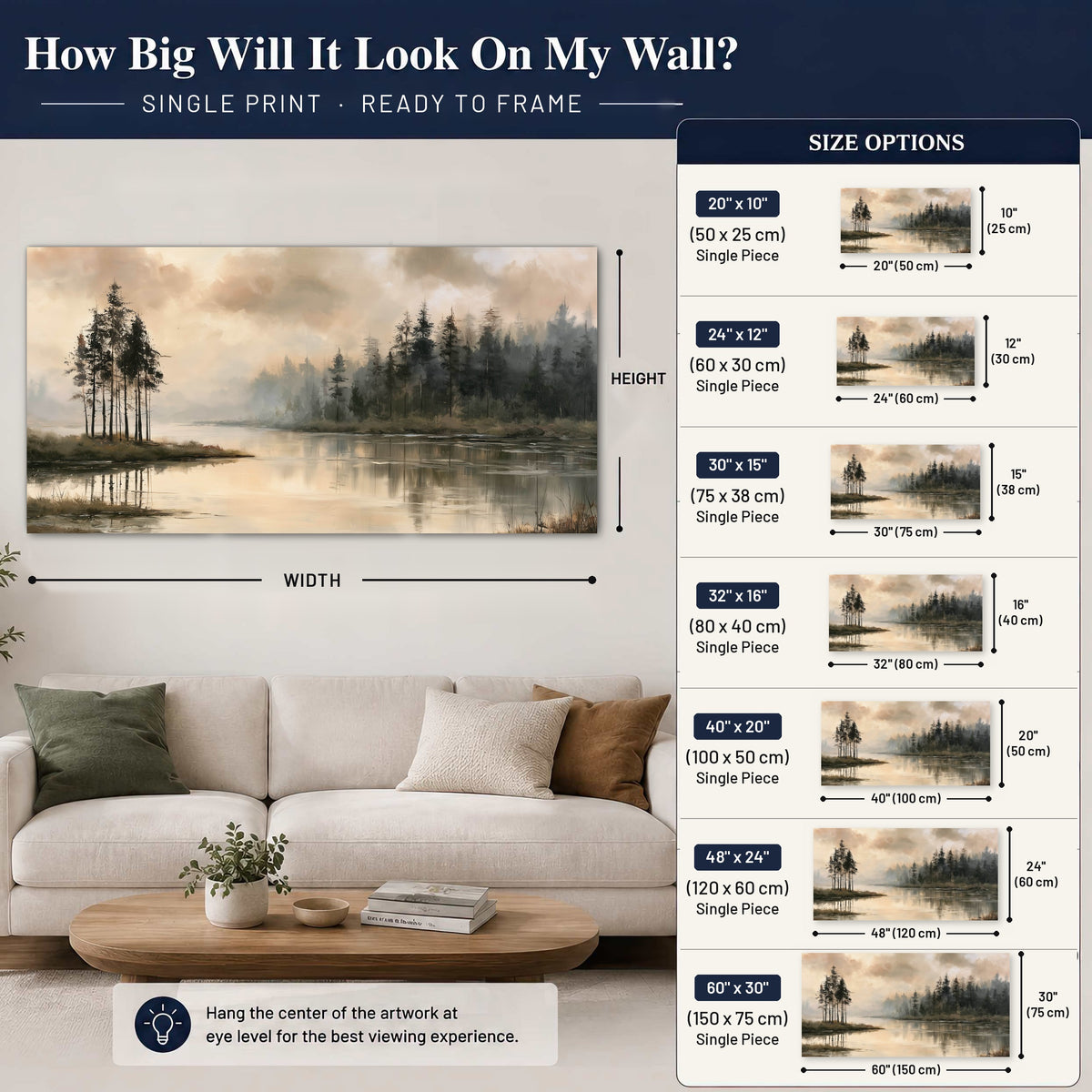 Misty lake pines painting poster print size guide above a sofa