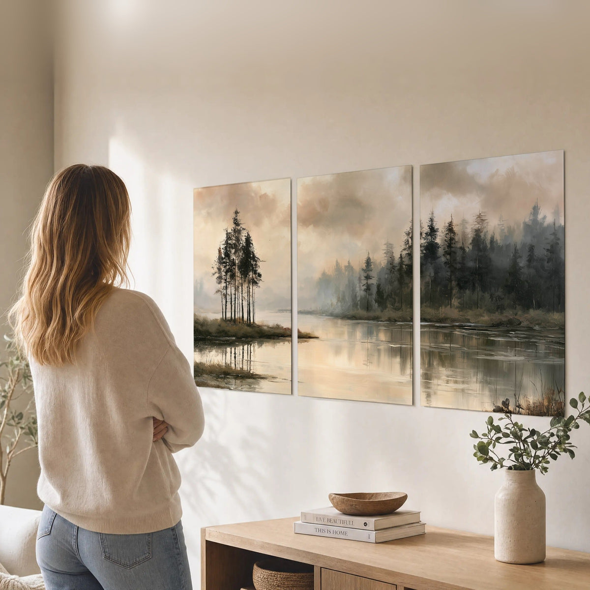Misty lake pines painting set of 3 poster prints in a living room