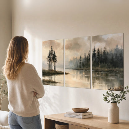 Misty lake pines painting set of 3 poster prints in a living room