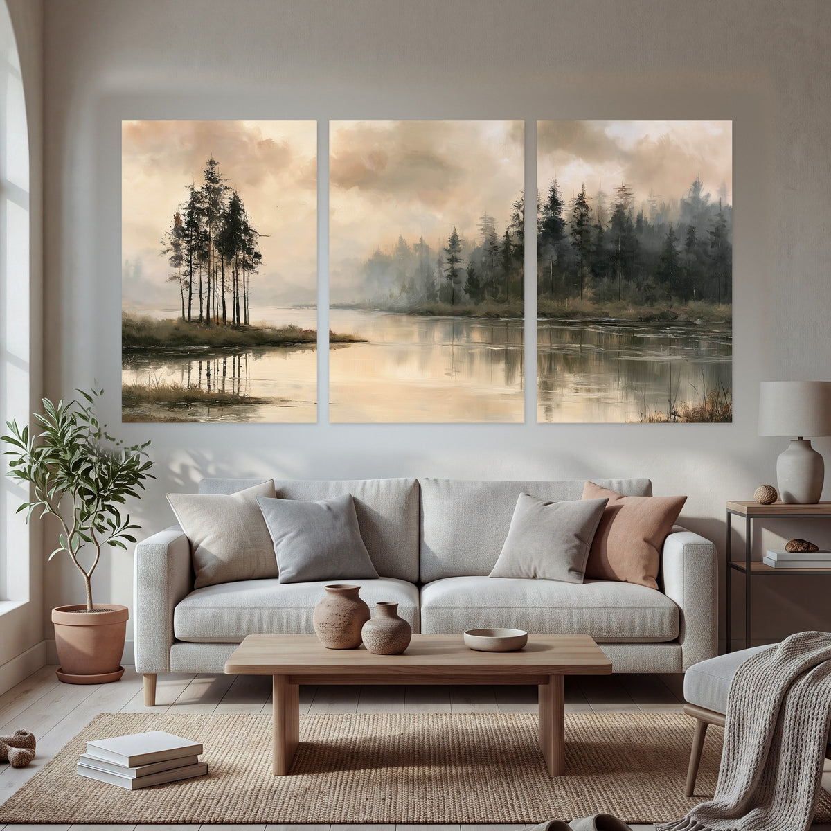 Misty lake pines painting set of 3 poster prints in a bright living room