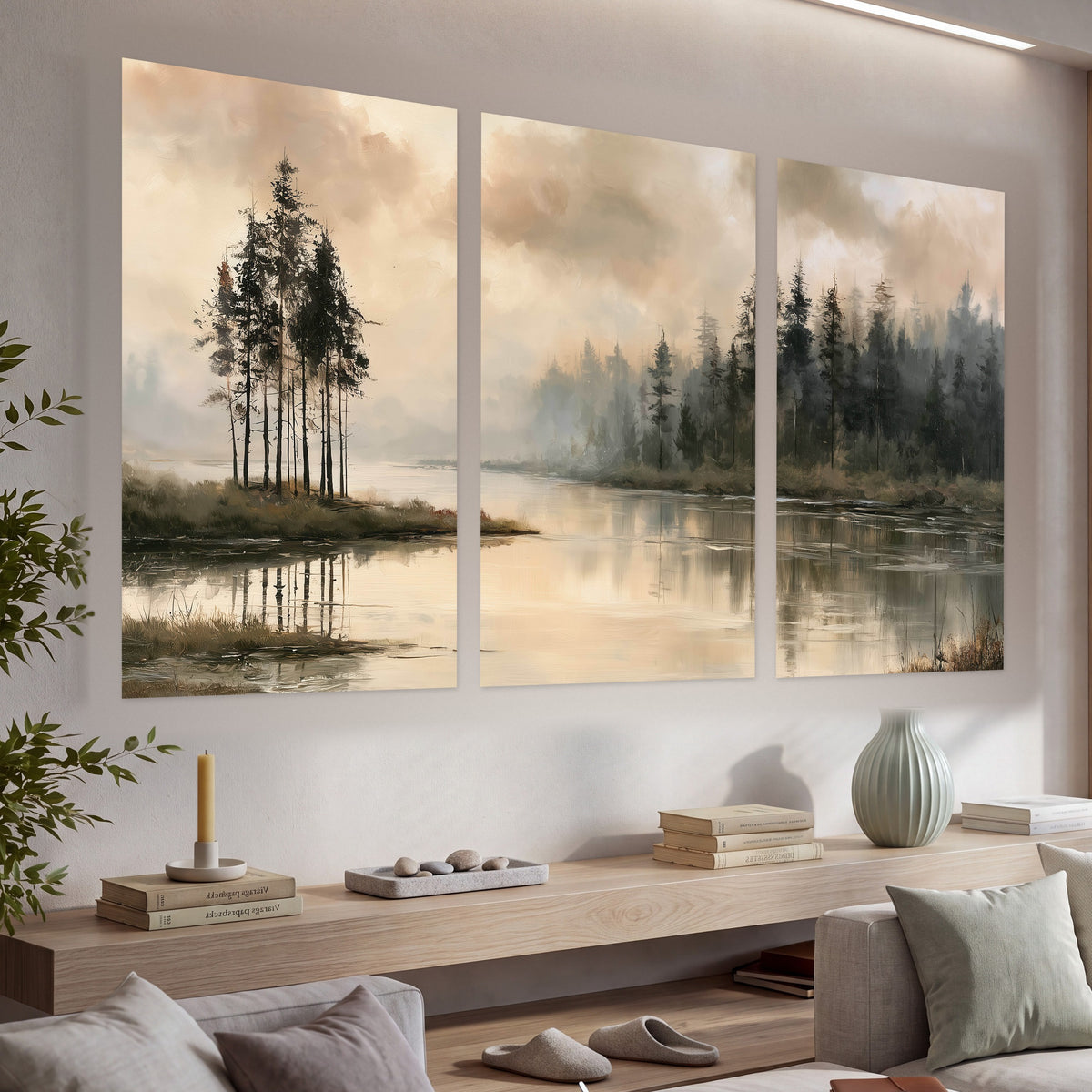 Misty lake pines painting set of 3 poster prints in a living room above a console