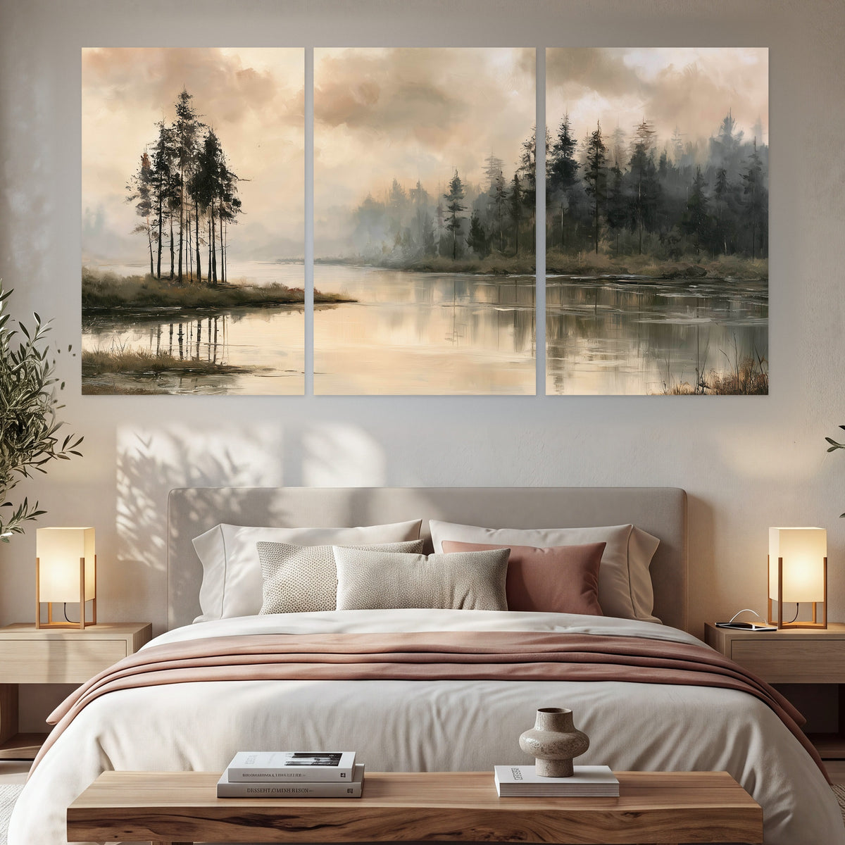 Misty lake pines painting set of 3 poster prints in a bedroom above the bed