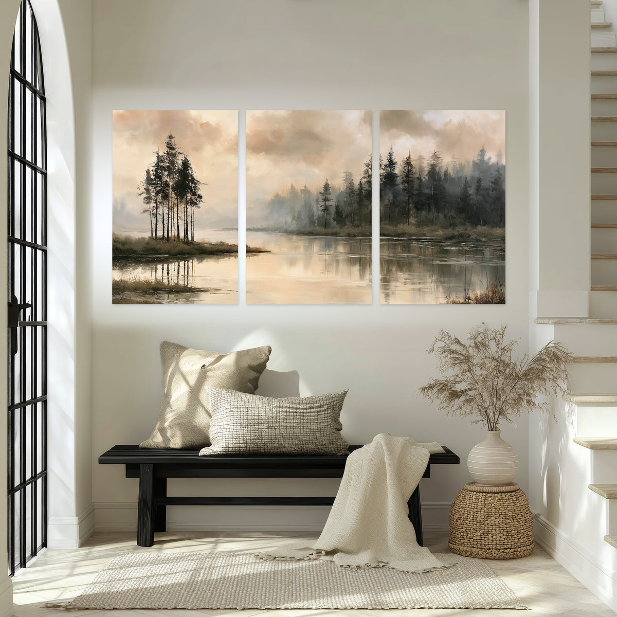 Misty lake pines painting set of 3 poster prints in an entryway above a bench