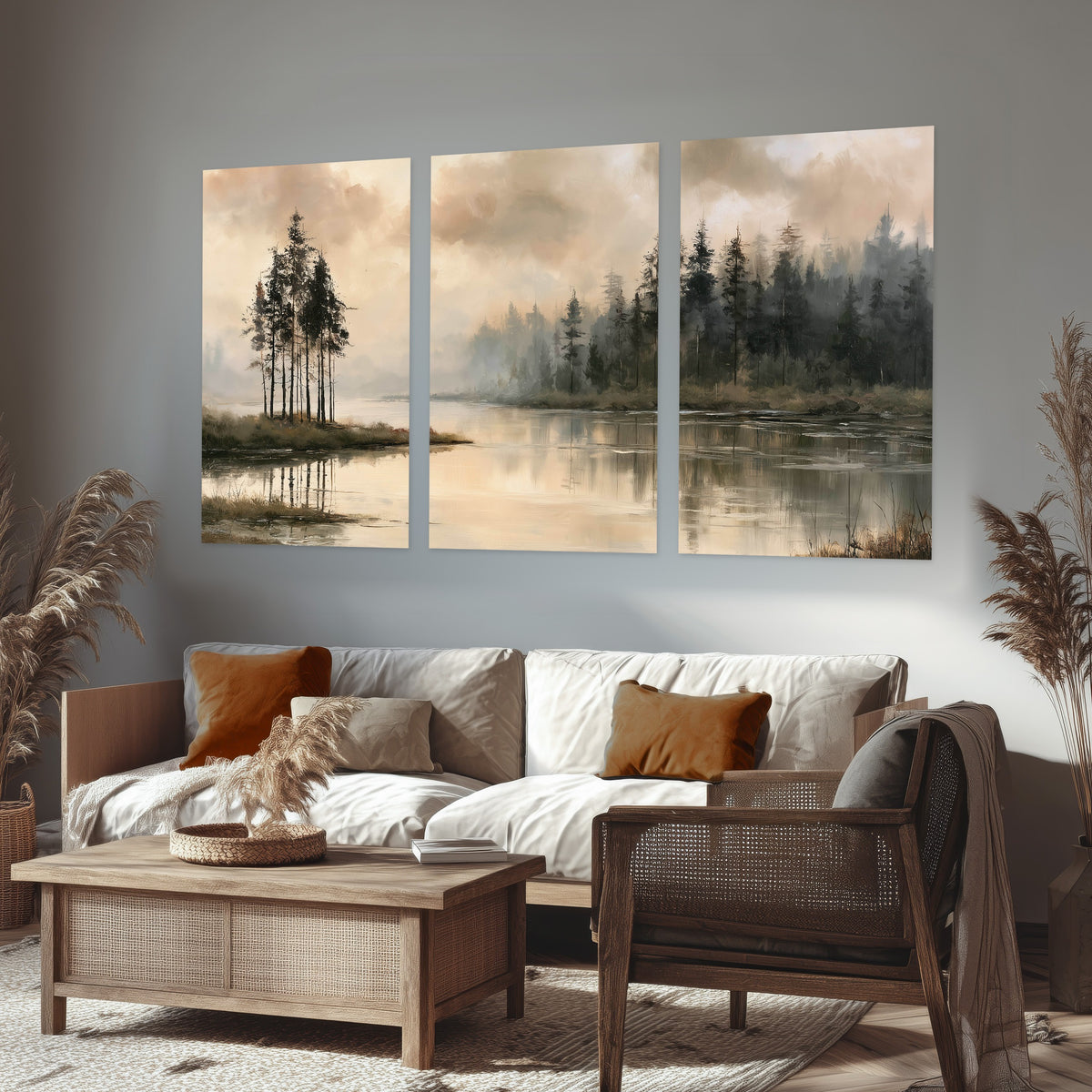 Misty lake pines painting set of 3 poster prints in a rustic living room
