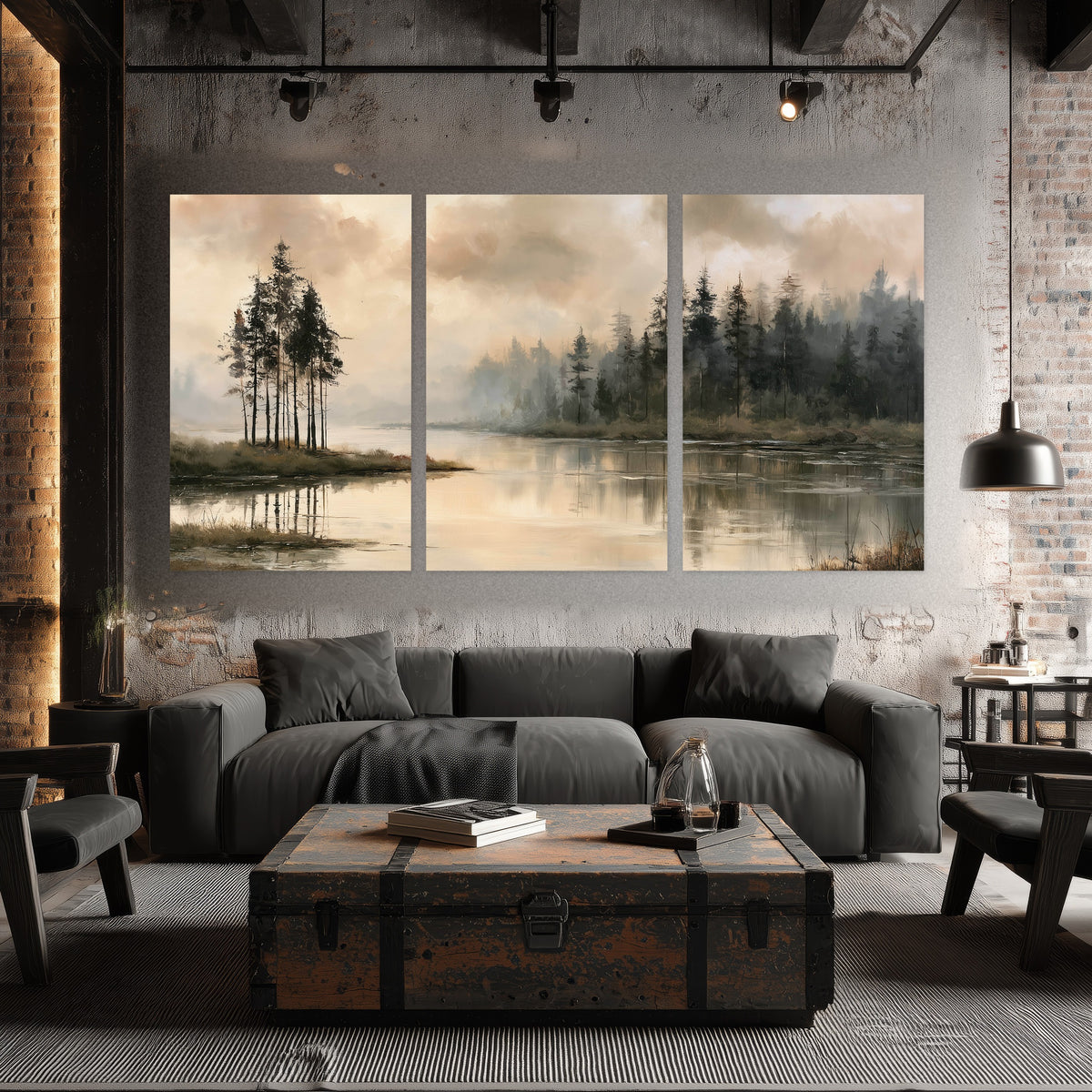 Misty lake pines painting set of 3 poster prints in an industrial loft