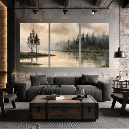 Misty lake pines painting set of 3 poster prints in an industrial loft