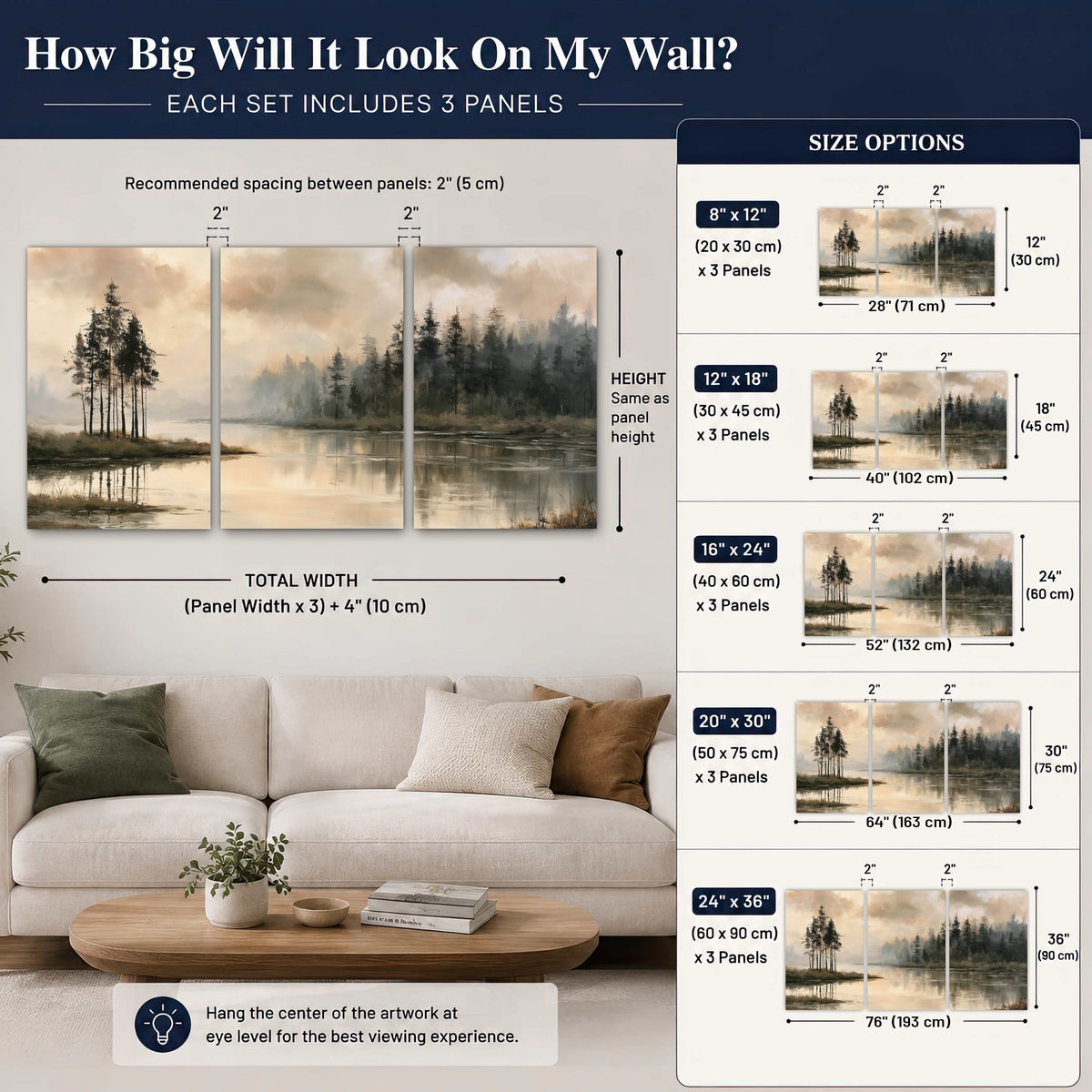 Misty lake pines painting set of 3 poster prints size guide above a sofa