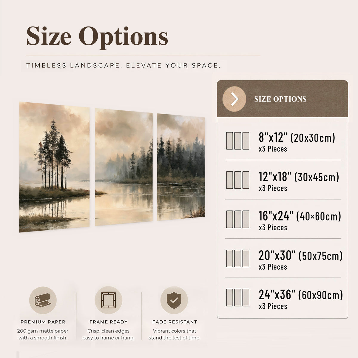Misty lake pines painting set of 3 poster prints size options