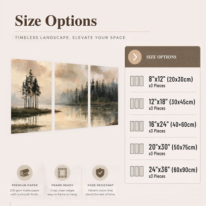 Misty lake pines painting set of 3 poster prints size options
