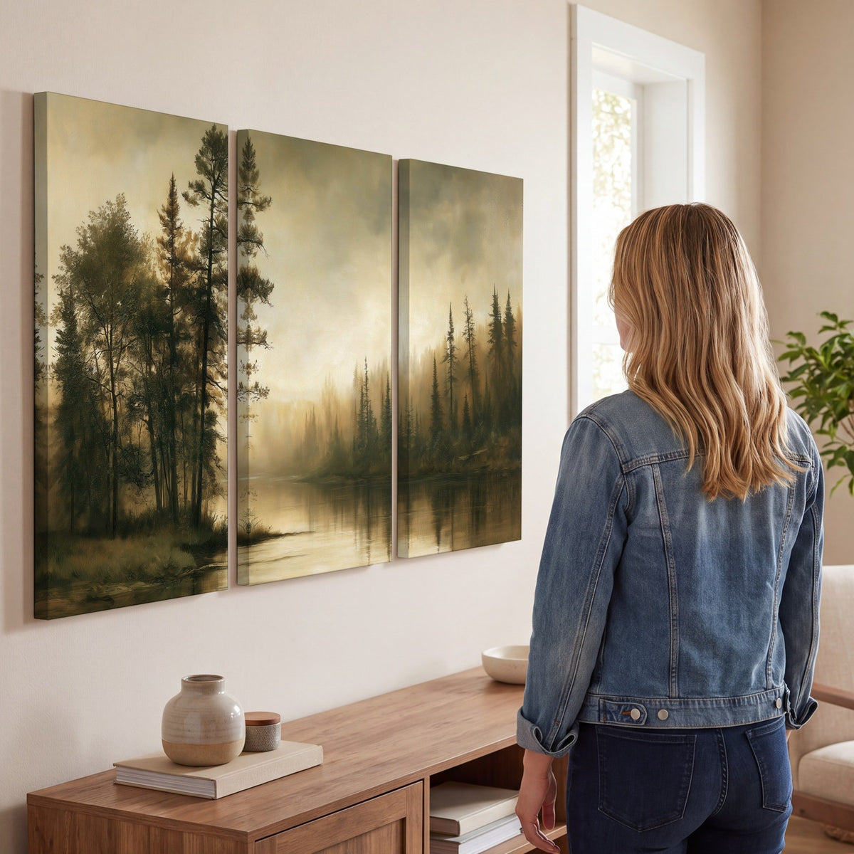 Sepia river forest painting 3 piece canvas wall art in a living room