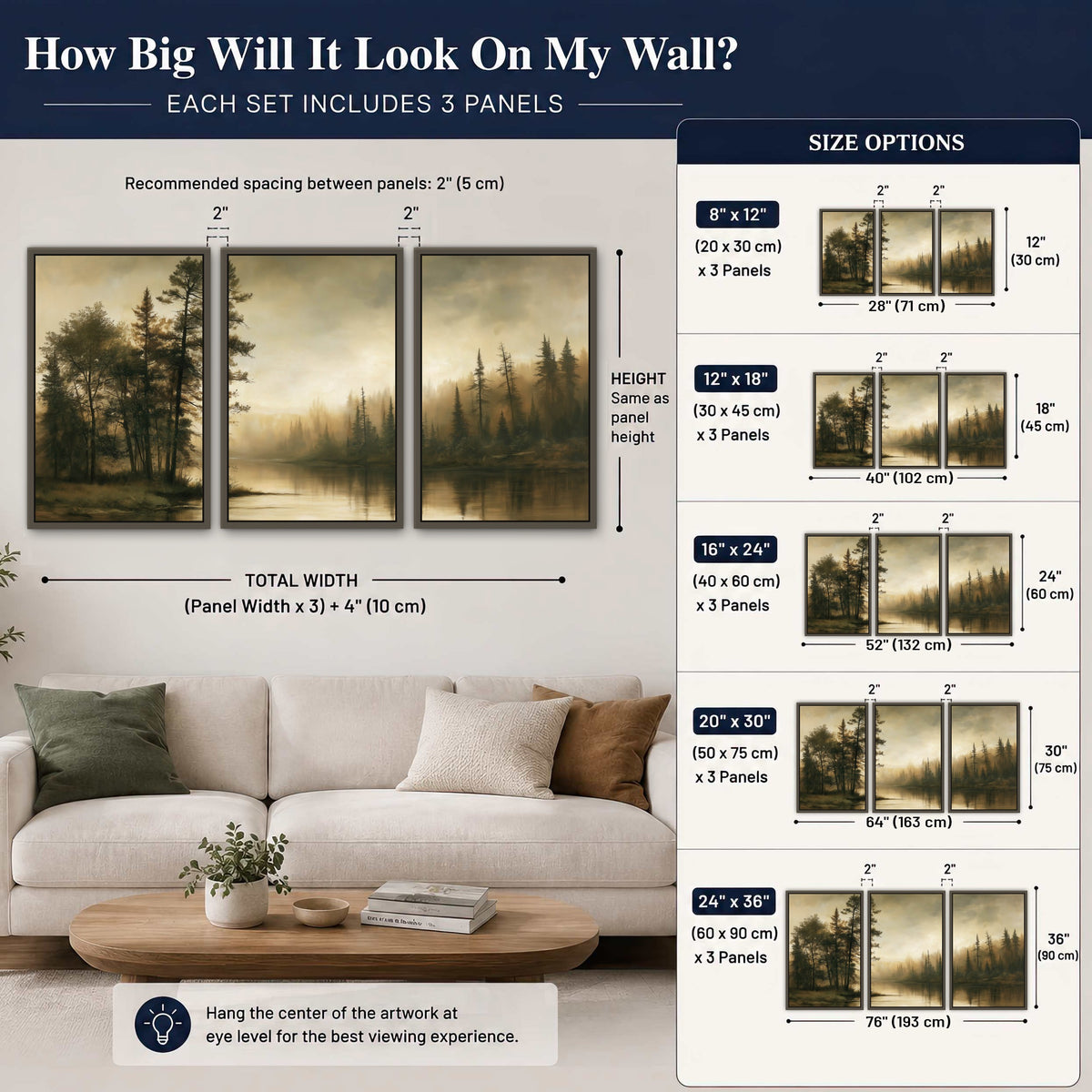 Sepia river forest painting 3 piece framed canvas size guide above a sofa