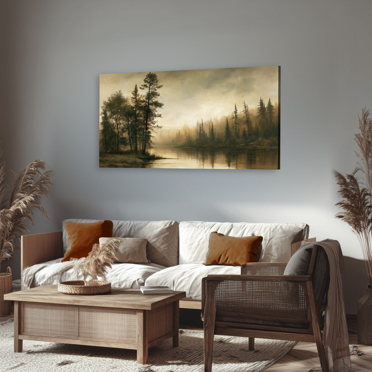Sepia river forest painting canvas wall art in a rustic living room
