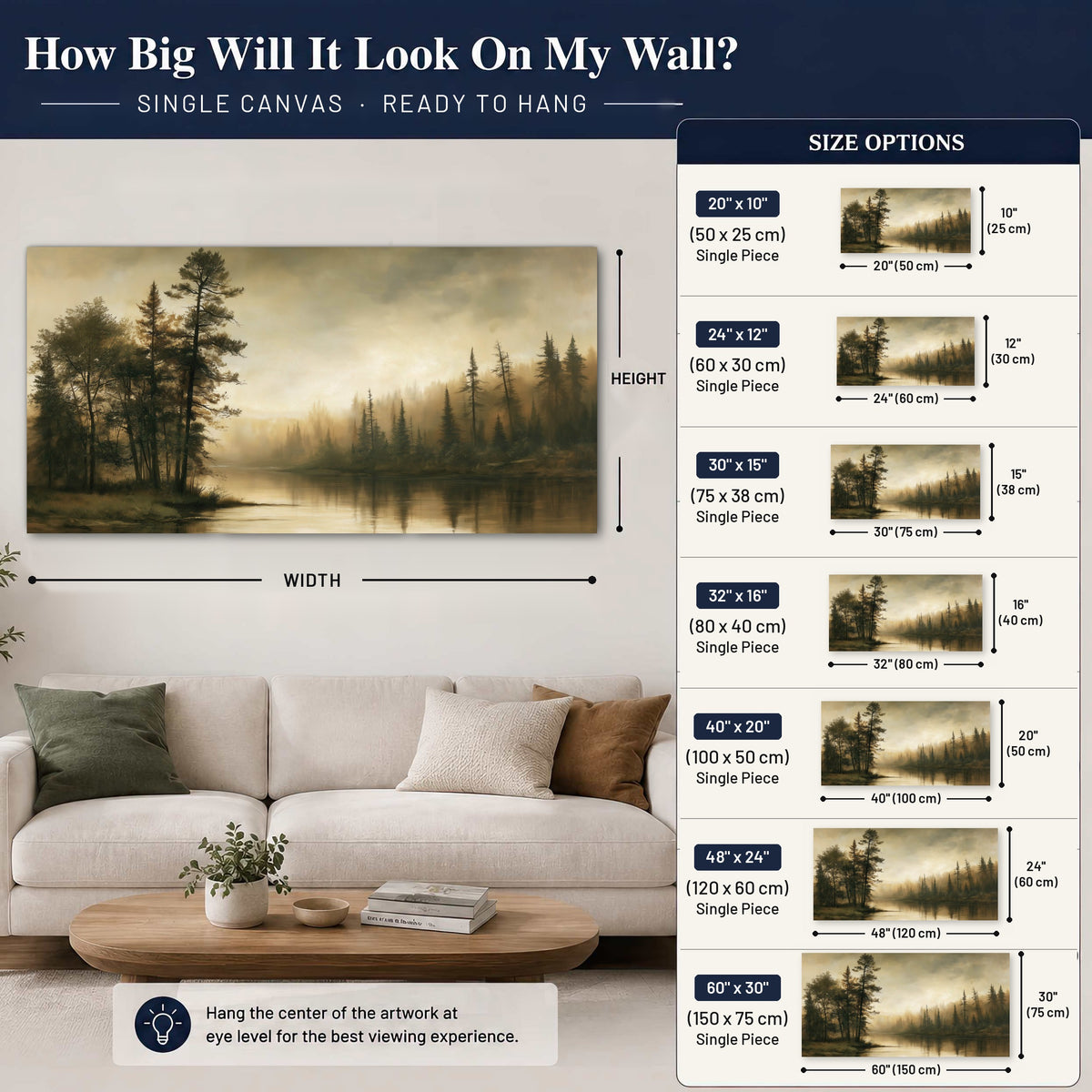 Sepia river forest painting canvas wall art size guide above a sofa