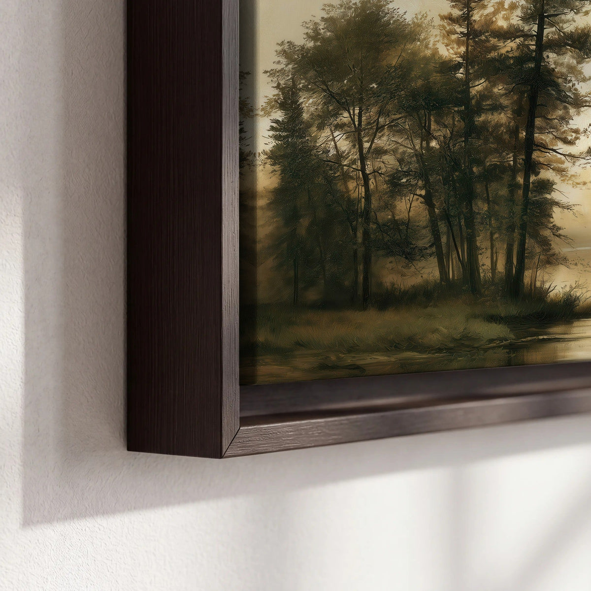 Sepia river forest painting framed canvas close-up showing the floating frame