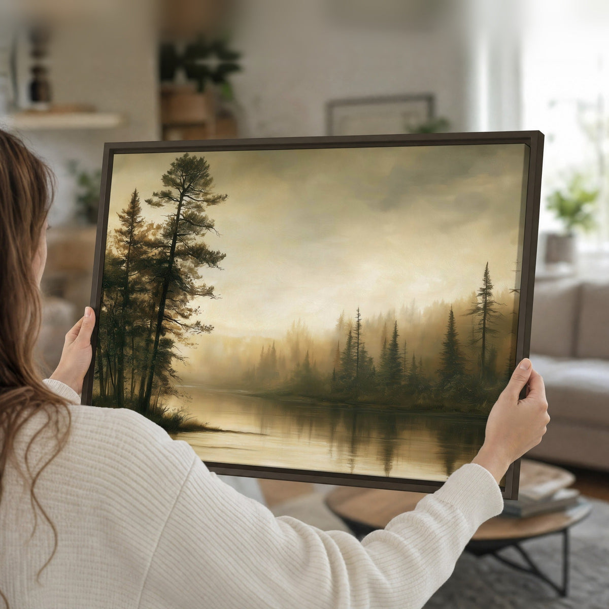 Sepia river forest painting framed canvas held in hands