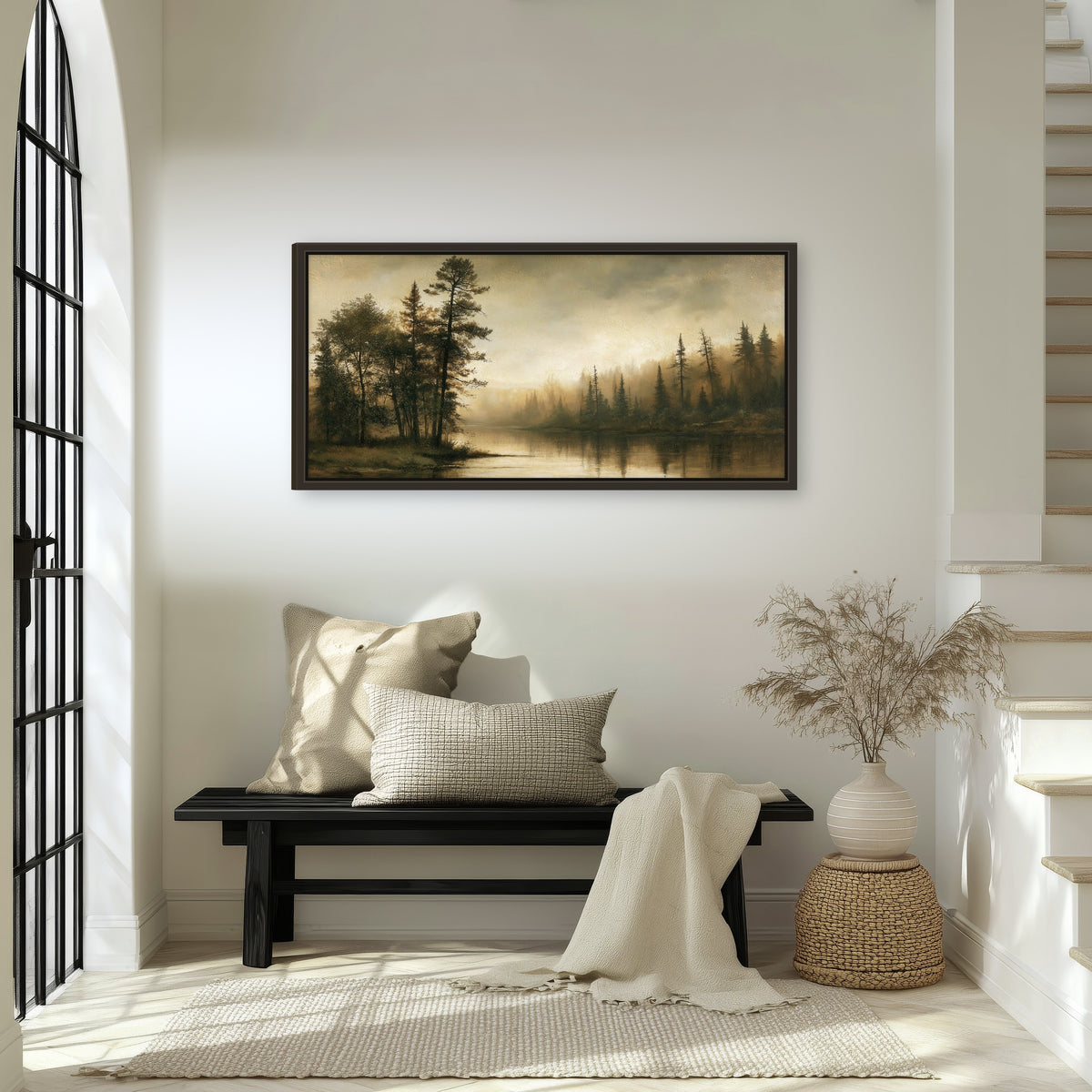 Sepia river forest painting framed canvas wall art in an entryway above a bench
