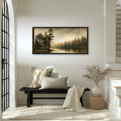 Sepia river forest painting framed canvas wall art in an entryway above a bench
