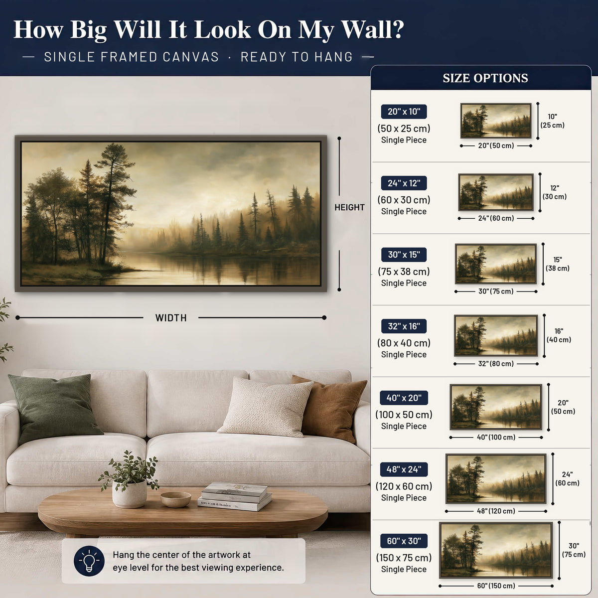 Sepia river forest painting framed canvas wall art size guide above a sofa