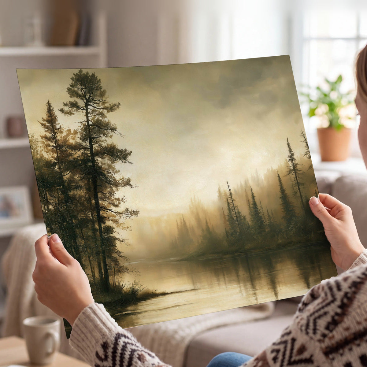 Sepia river forest painting poster print held in hands