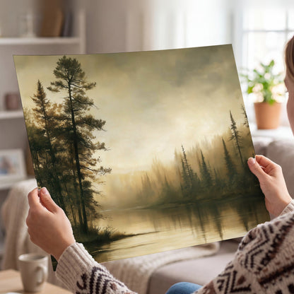 Sepia river forest painting poster print held in hands