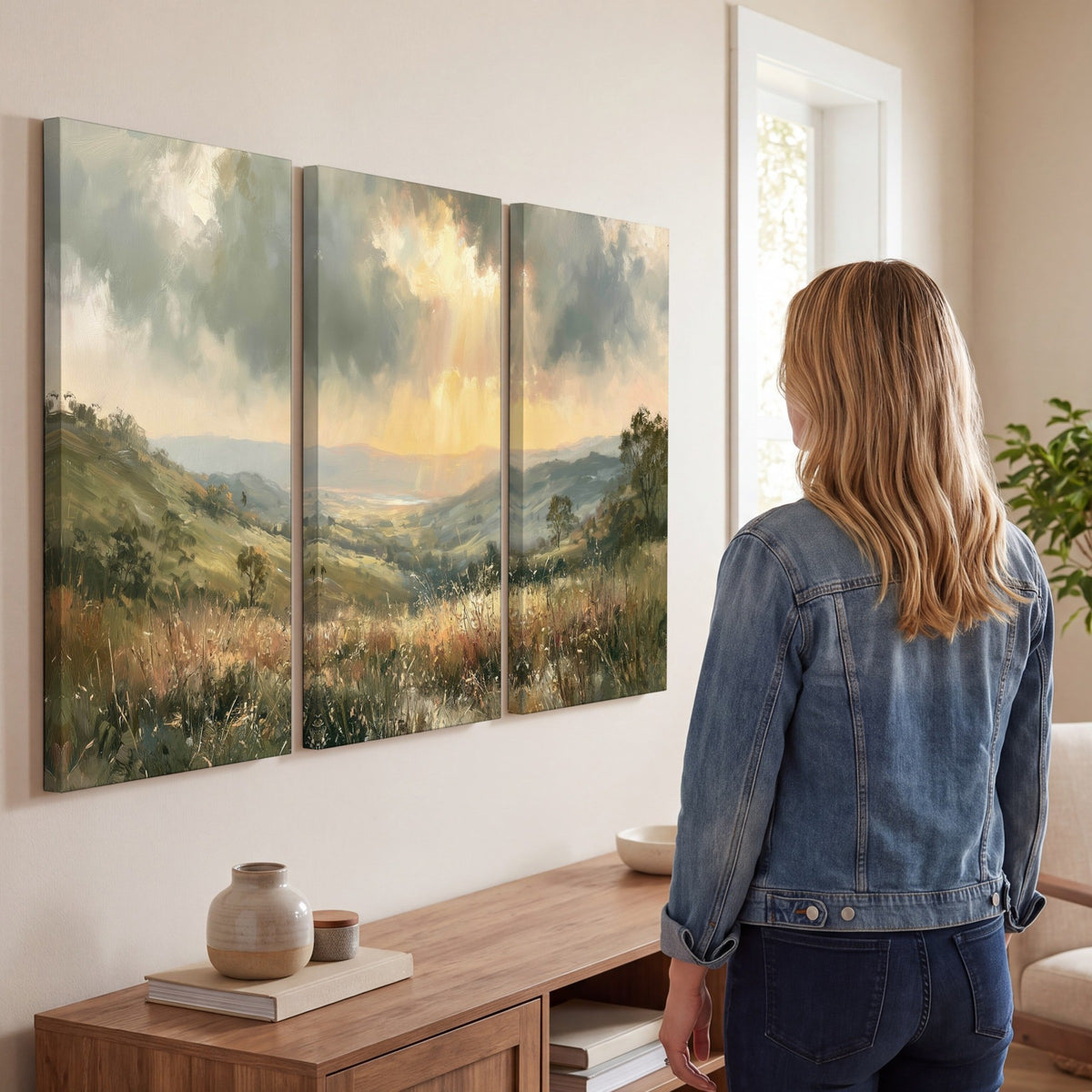 Golden sun rays valley painting 3 piece canvas wall art in a living room