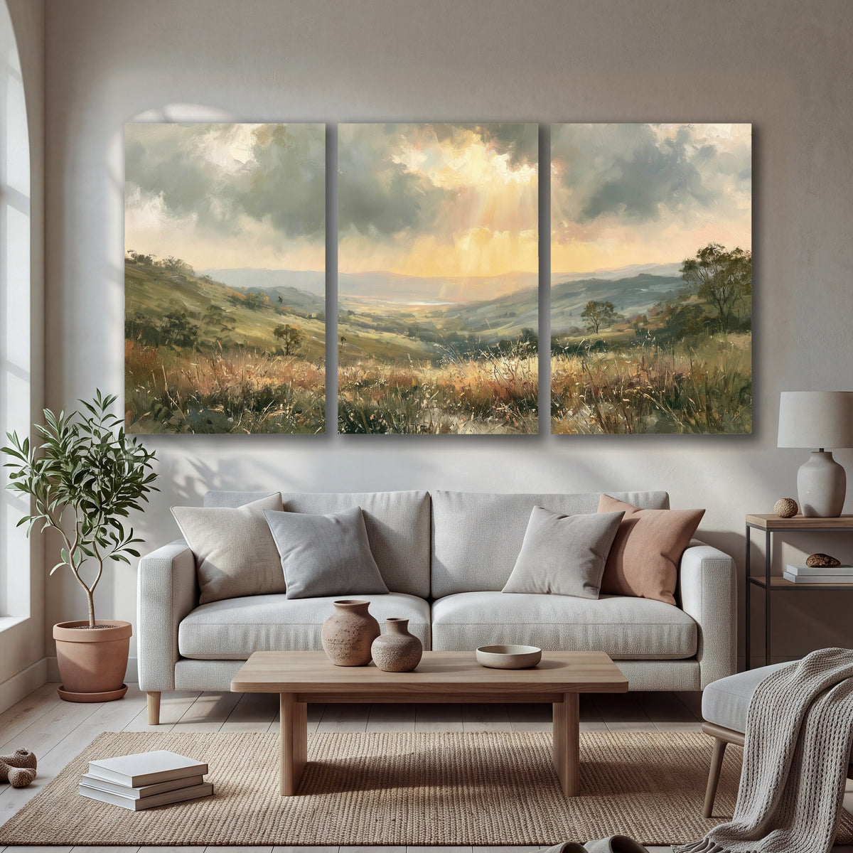 Golden sun rays valley painting 3 piece canvas wall art in a bright living room
