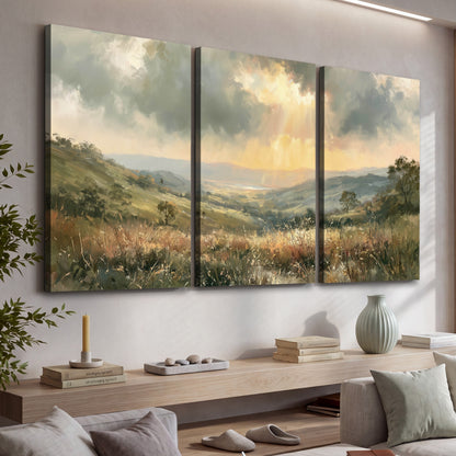 Golden sun rays valley painting 3 piece canvas wall art in a living room above a console