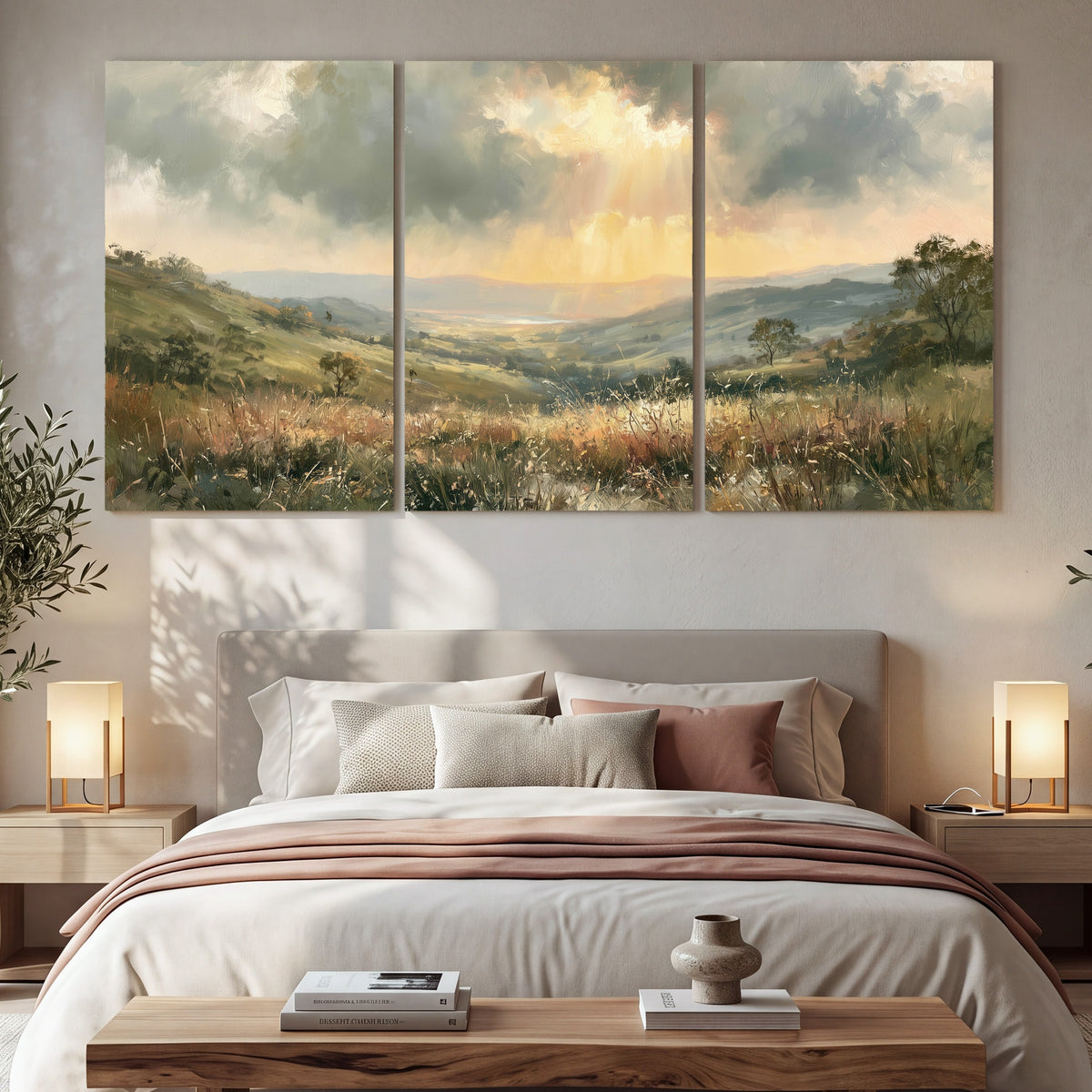 Golden sun rays valley painting 3 piece canvas wall art in a bedroom above the bed