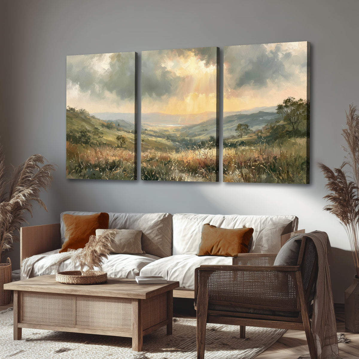 Golden sun rays valley painting 3 piece canvas wall art in a rustic living room
