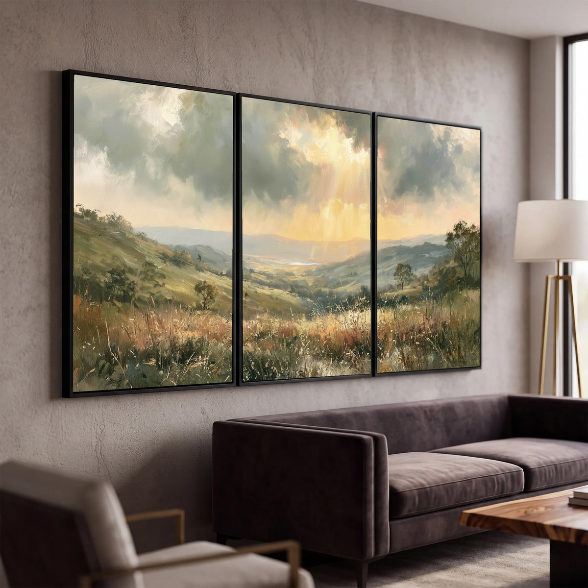 Golden sun rays valley painting 3 piece canvas wall art in a modern living room