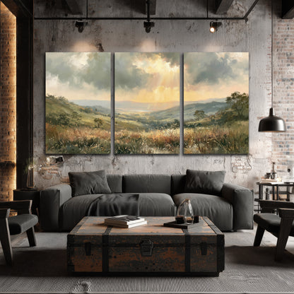 Golden sun rays valley painting 3 piece canvas wall art in an industrial loft