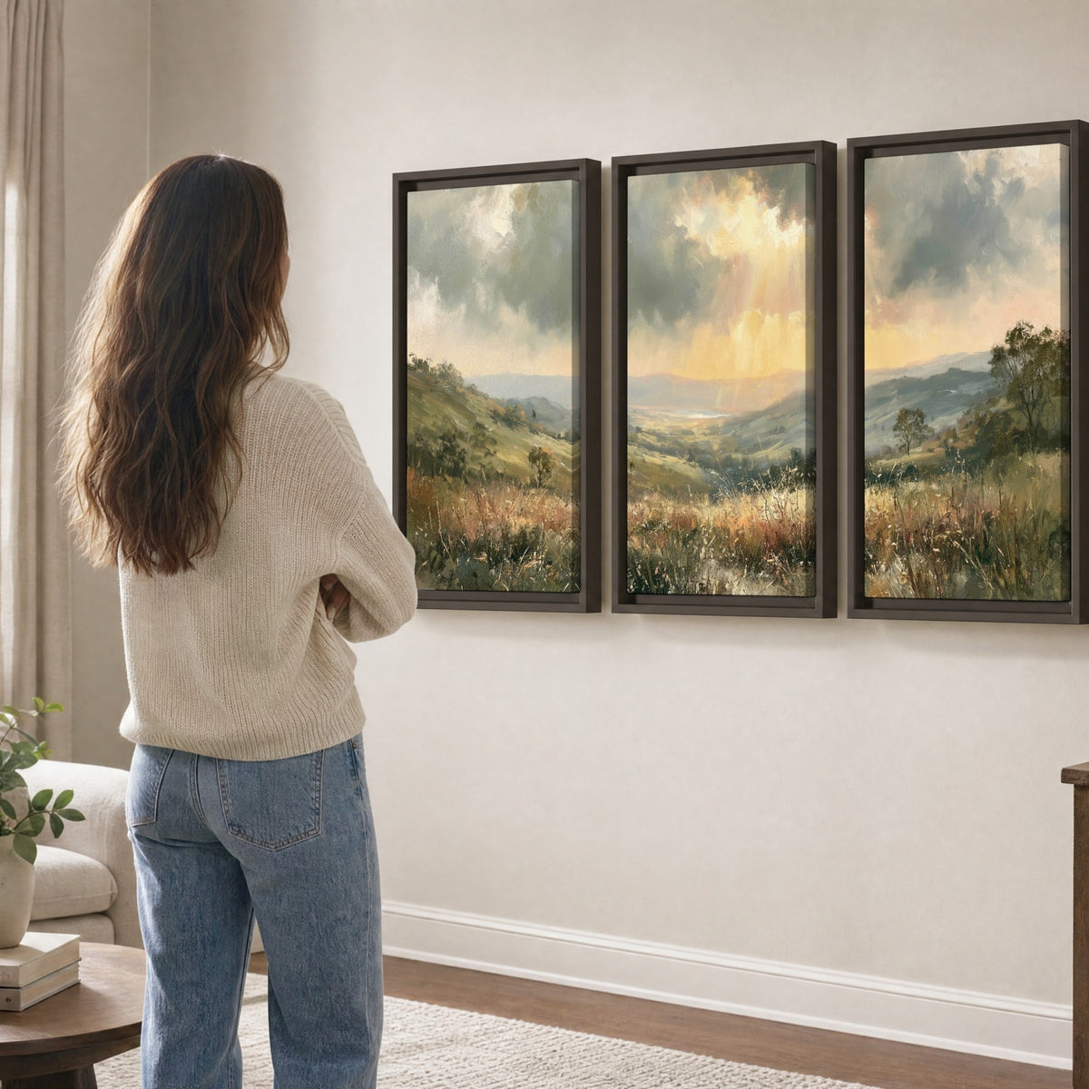 Golden sun rays valley painting 3 piece framed canvas in a living room