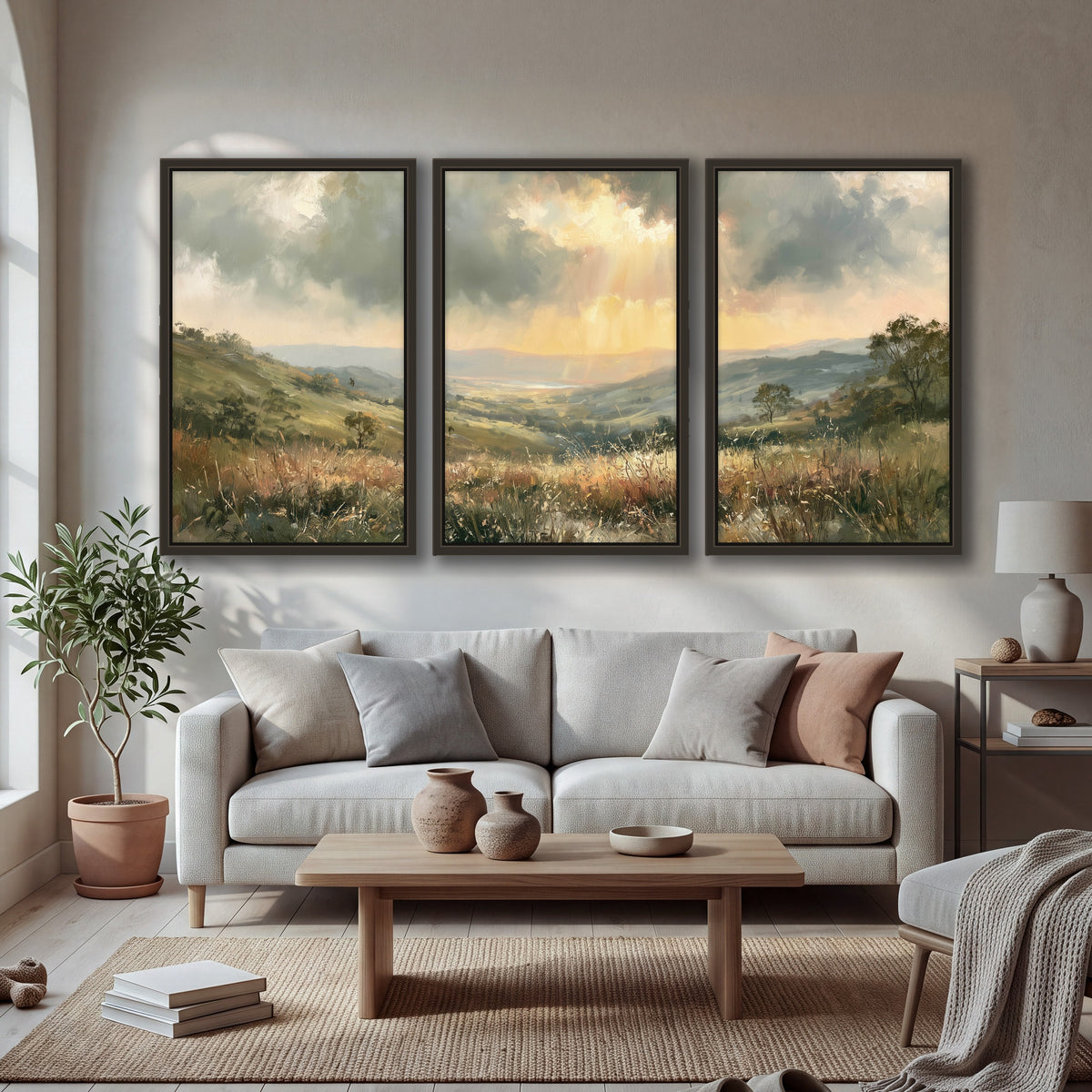 Golden sun rays valley painting 3 piece framed canvas in a bright living room