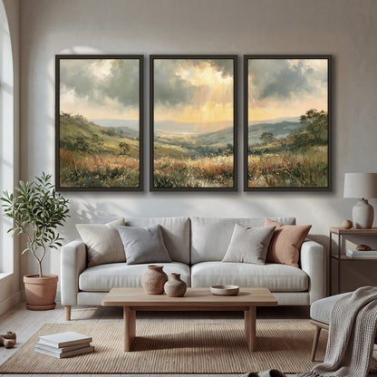 Golden sun rays valley painting 3 piece framed canvas in a bright living room