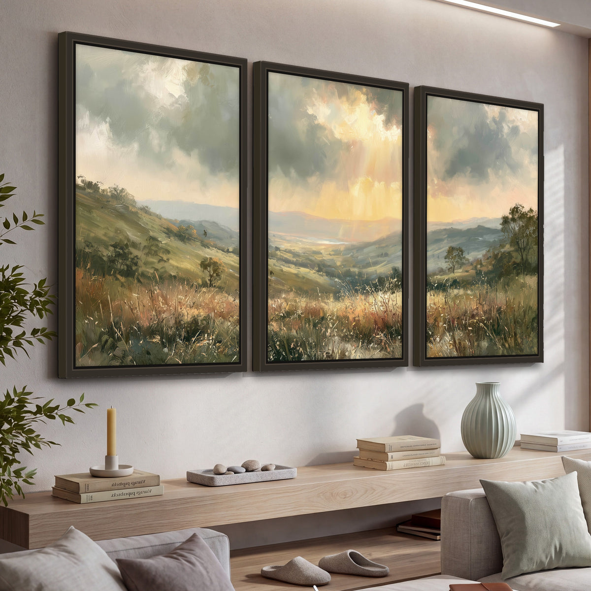Golden sun rays valley painting 3 piece framed canvas in a living room above a console