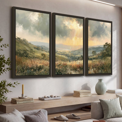 Golden sun rays valley painting 3 piece framed canvas in a living room above a console