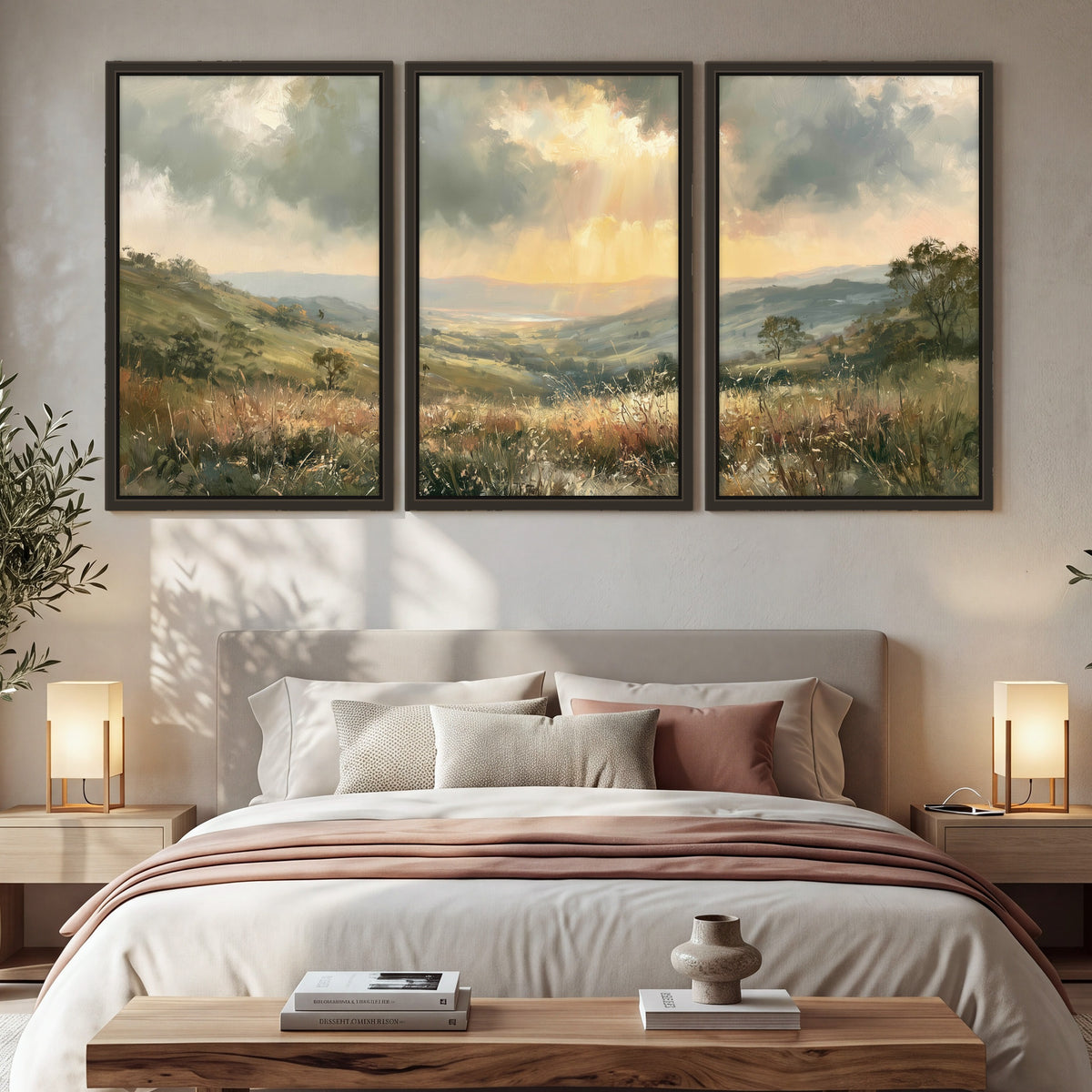 Golden sun rays valley painting 3 piece framed canvas in a bedroom above the bed