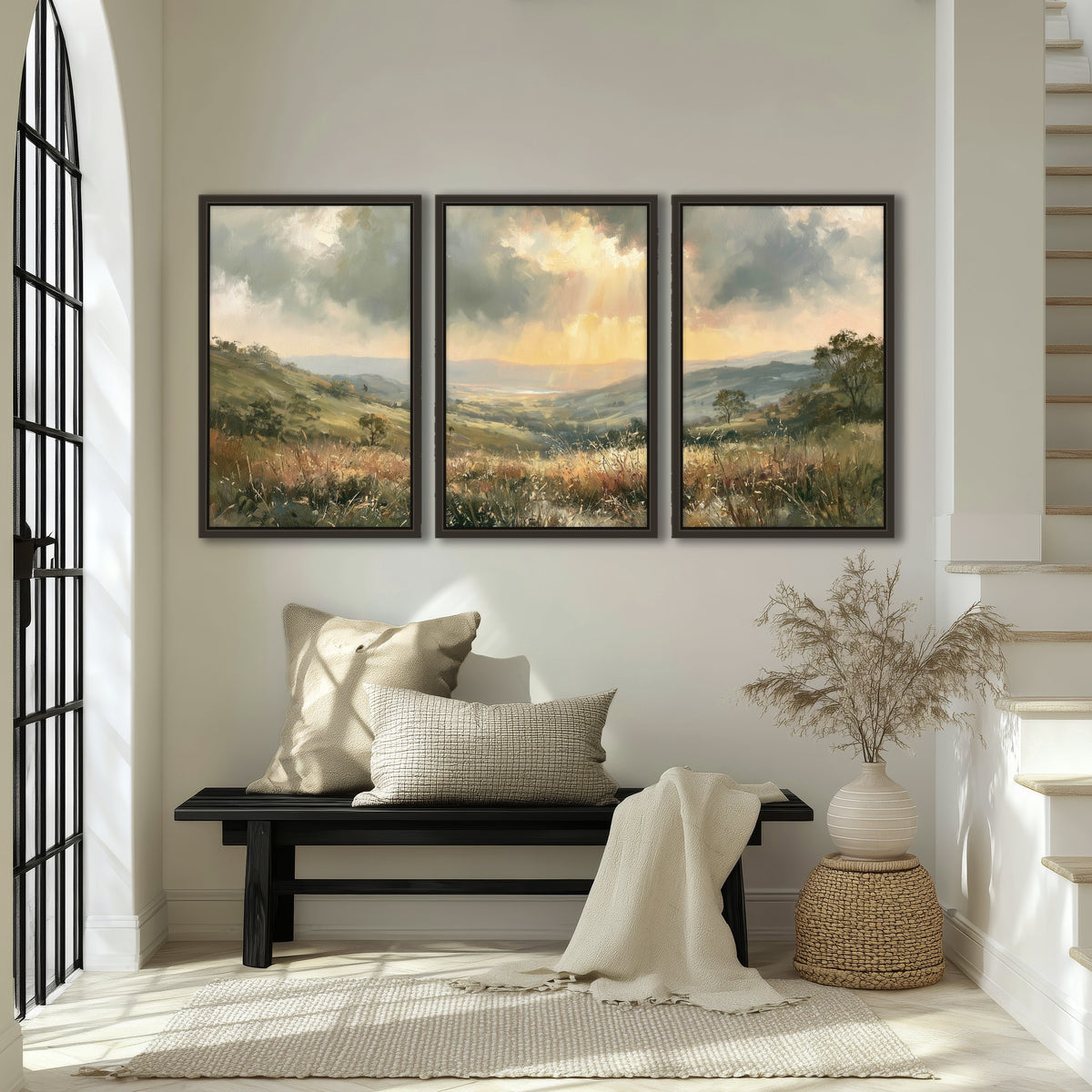 Golden sun rays valley painting 3 piece framed canvas in an entryway above a bench