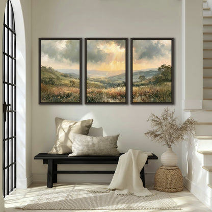 Golden sun rays valley painting 3 piece framed canvas in an entryway above a bench