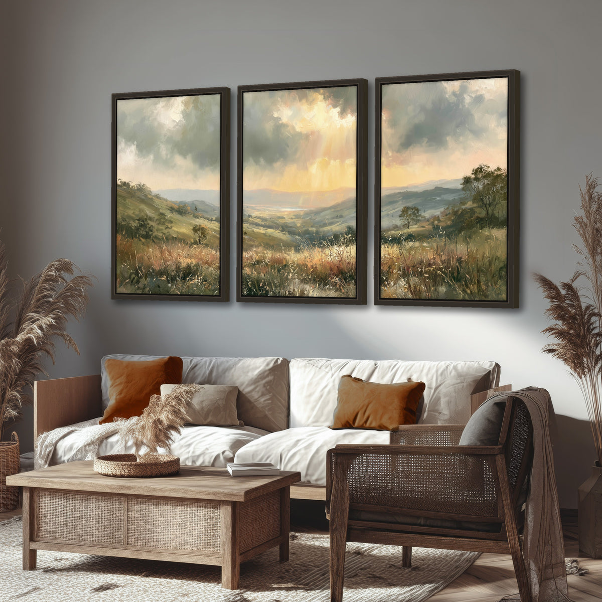 Golden sun rays valley painting 3 piece framed canvas in a rustic living room