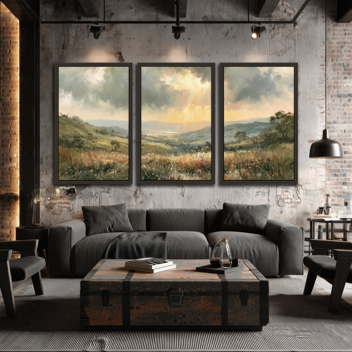 Golden sun rays valley painting 3 piece framed canvas in an industrial loft