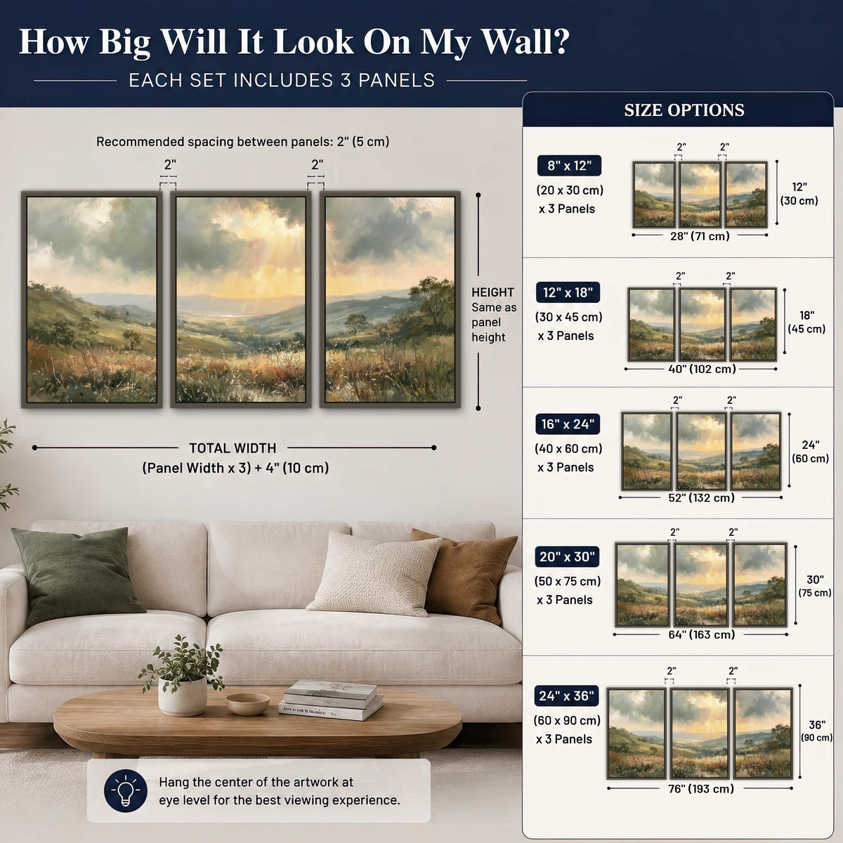Golden sun rays valley painting 3 piece framed canvas size guide above a sofa