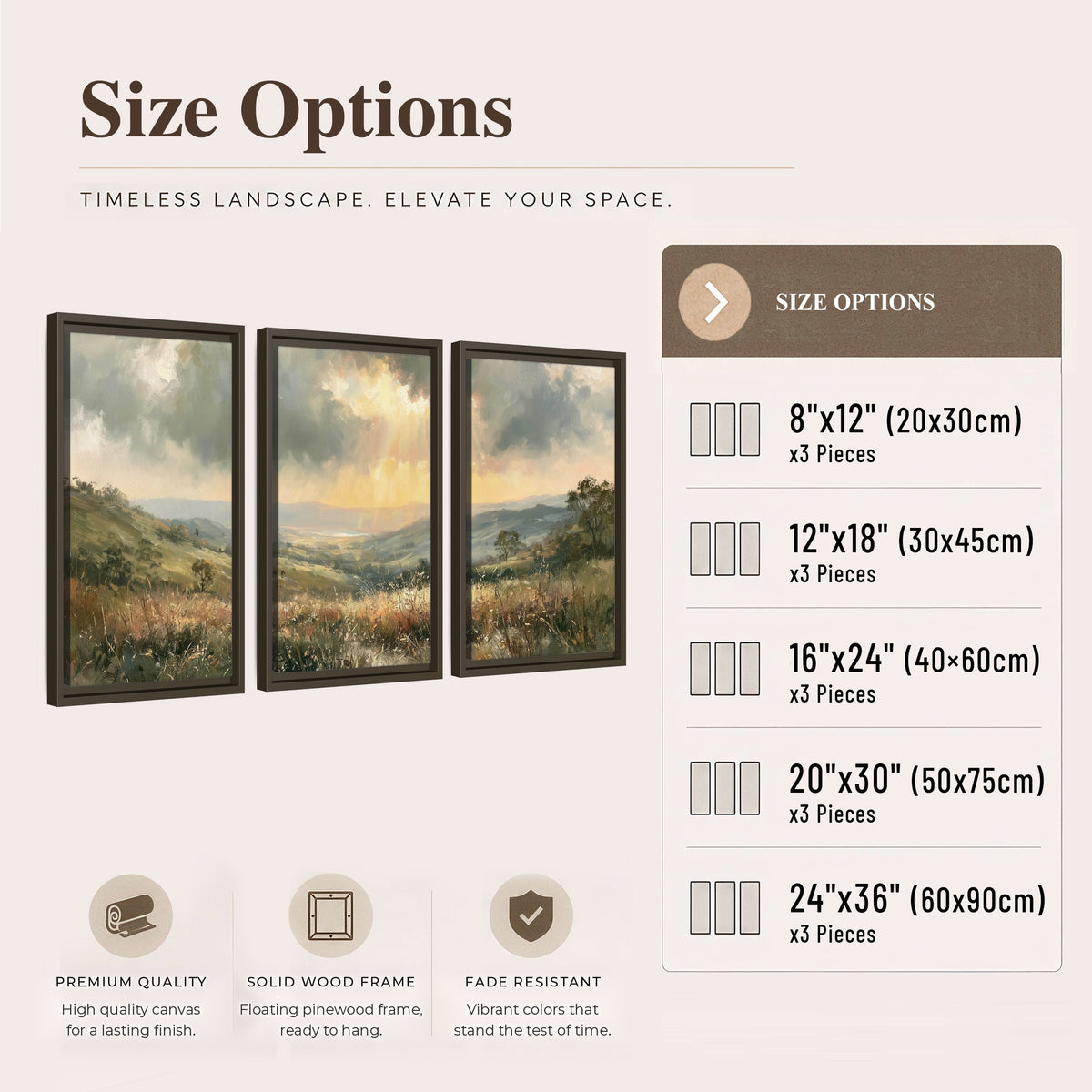 Golden sun rays valley painting 3 piece framed canvas size options