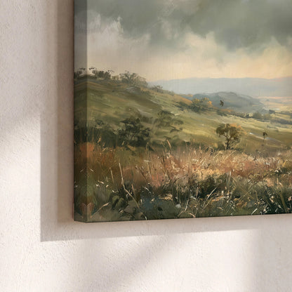 Golden sun rays valley painting canvas print close-up showing the gallery-wrapped edge