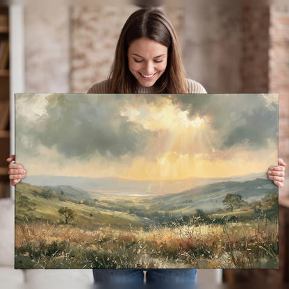 Golden sun rays valley painting canvas wall art held in hands